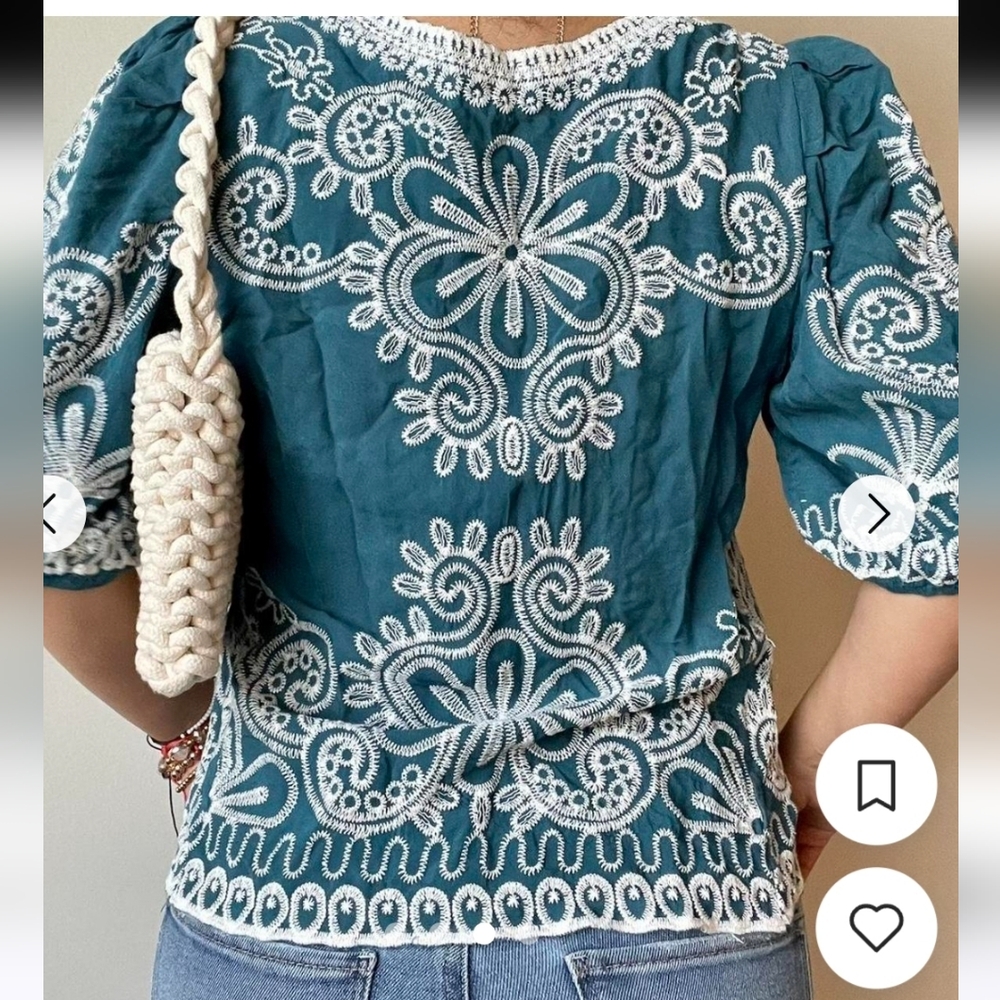 #260. Solitaire Teal Scoop-Neck Embroidered Blouse - Picture 2 of 7